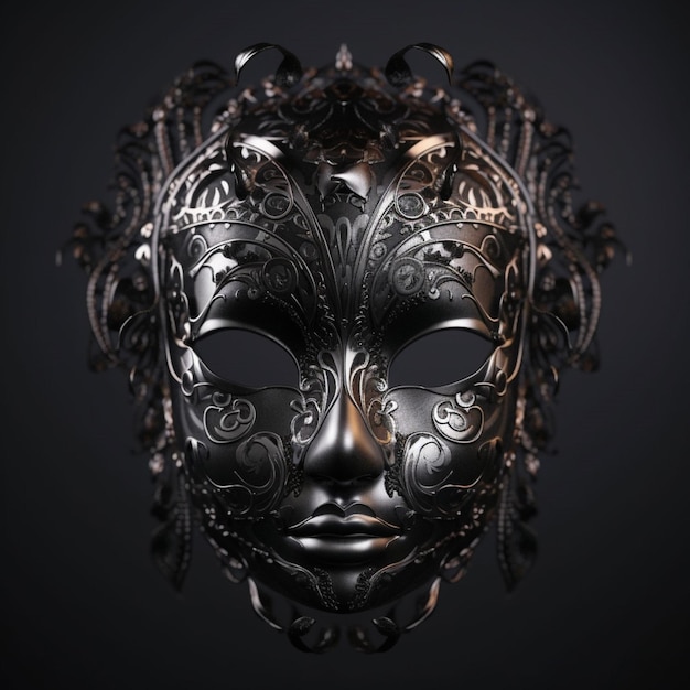 A mask with floral designs is displayed against a black background.