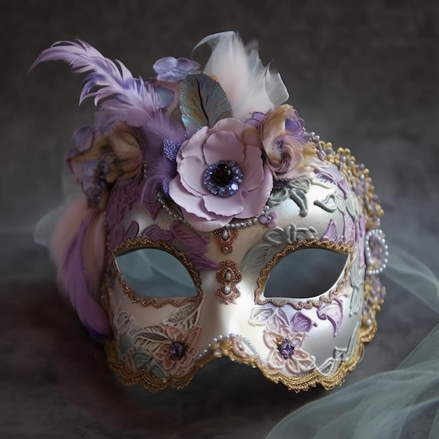 A mask with a flower on it and a feather on it