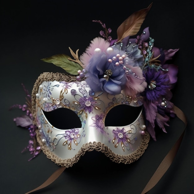 A mask with flowers and leaves is displayed on a black background.