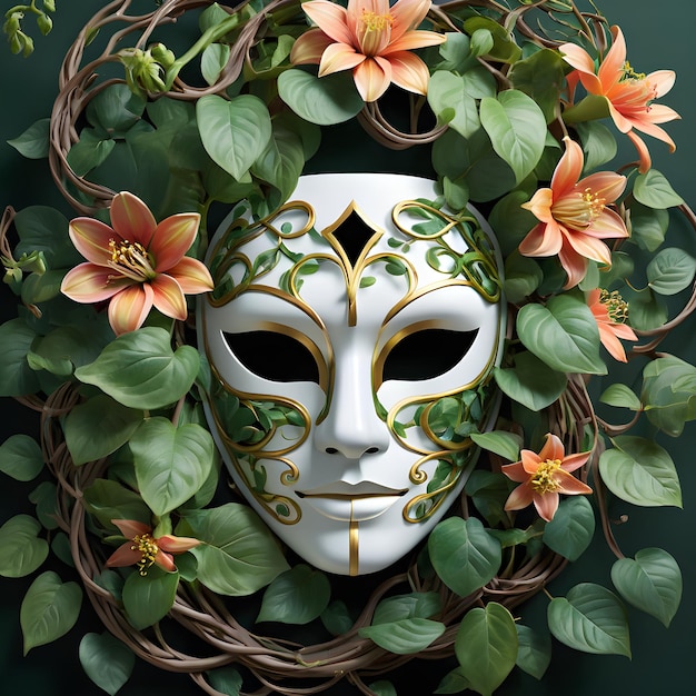a mask with flowers and leaves on it is displayed
