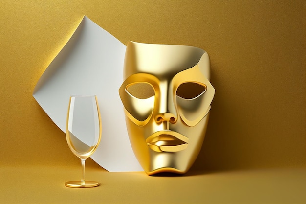 Photo a mask with a glass and a paper with a wine glass in it.