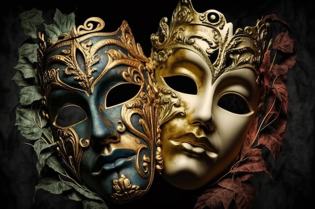 A mask with gold and blue colors is on a black background.