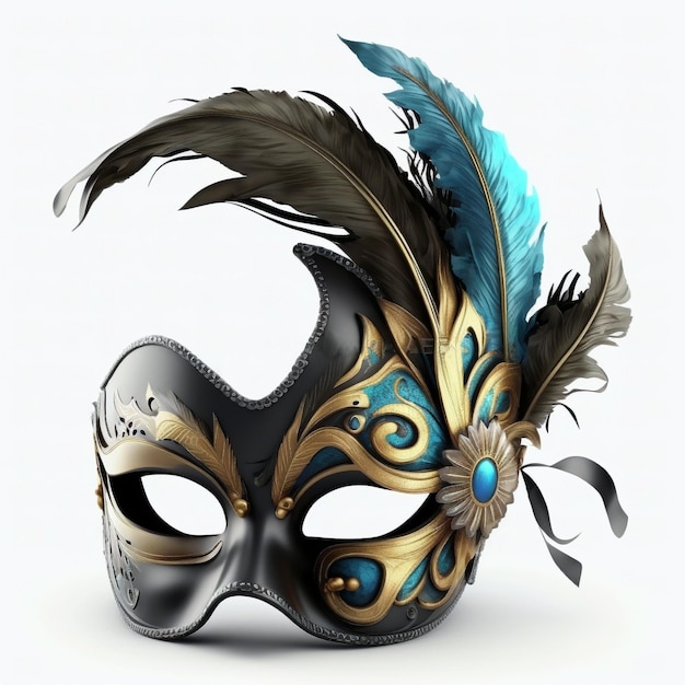 A mask with gold and blue feathers and a feather on it.