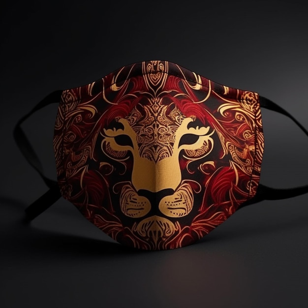 A mask with a lion design on it is on a dark background.