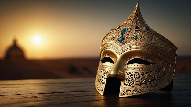 a mask with the sun setting behind it