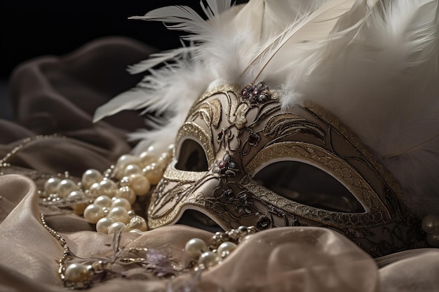 A mask with white feathers and a pearl necklace on a bed.