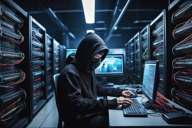 Photo masked hacker is using computer for organizing massive data breach attack on corporate servers