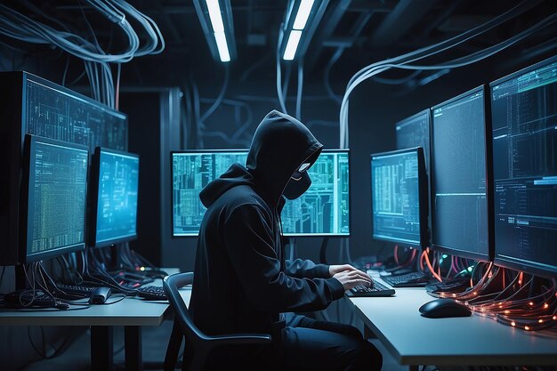 Photo masked hacker is using computer for organizing massive data breach attack on corporate servers