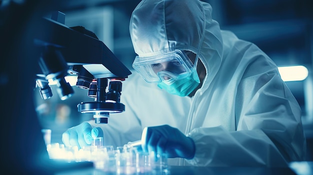 A Masked Lab Worker Carefully Observes Test Tubes and Conducts Microscopy Work