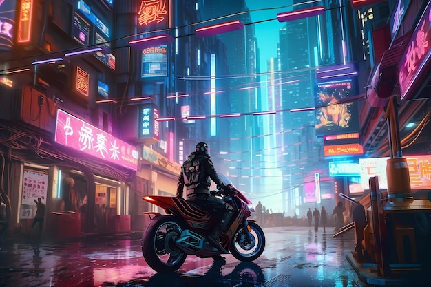 未来のデジタルアートイラストでバイクに乗る仮面の男
