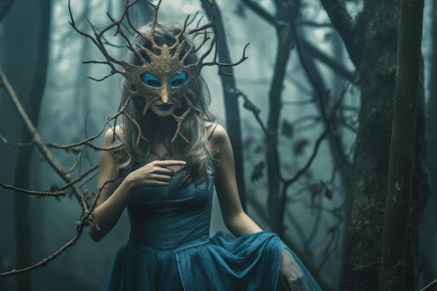 Masked Mysterious Woman in a Forest