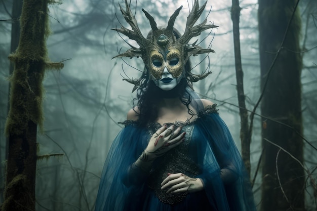 Masked Mysterious Woman in a Forest