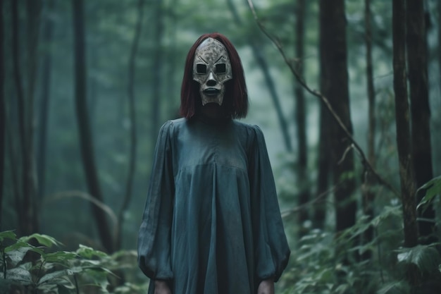 Таинственная женщина в маске в лесу