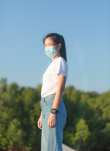 Masked woman  protection against influenza virus Asia woman wearing mask for protect