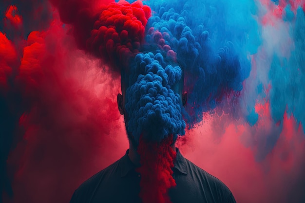 Masker met man die tussen rode en blauwe rookbommen staat