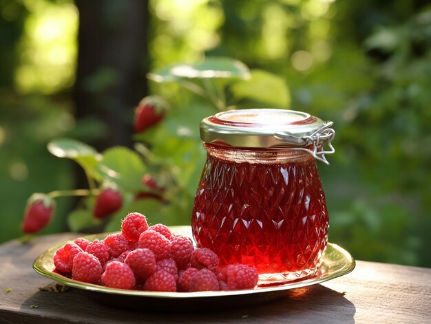 Mason jar met frambozenjam op tafel in de tuin