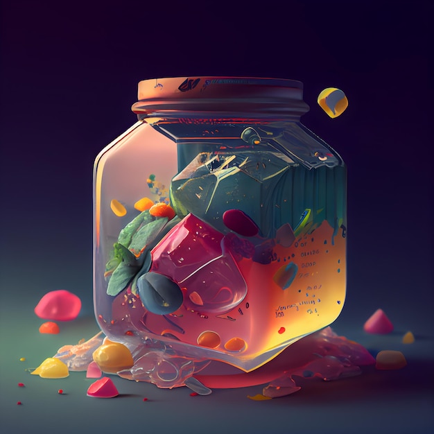 Mason jar met snoepjes op donkere achtergrond 3D-rendering