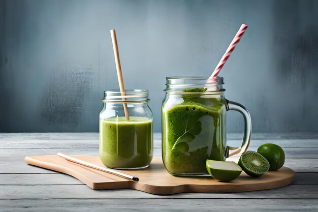 Mason jar mugs filled with green spinach and kale health smoothie