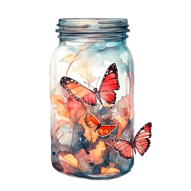 Mason jar with butterflies flowers leaves AI generative watercolor isolated illustration