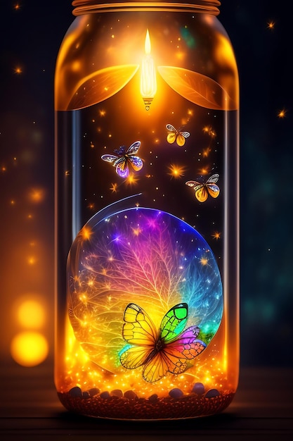 Mason jar with fireflies and butterflies magical bottle glowing insects fantasy light in a glass