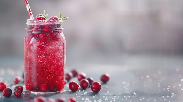 Mason jar with healthy cranberry juice on light background