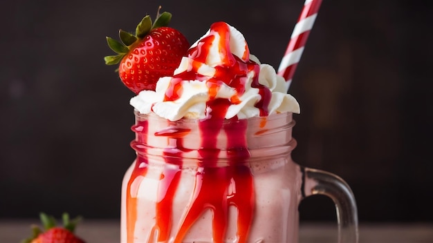 A mason jar with strawberry milkshake with strawberry syrup whipped cream and strawberry
