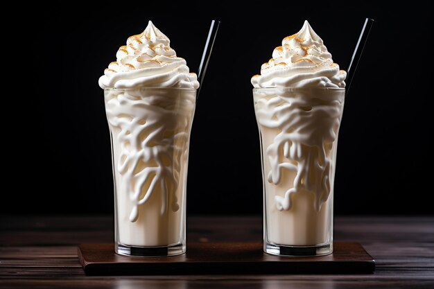 A mason jar with vanilla milkshake and chocolate syrup whipped cream and banana