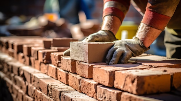 Mason laying bricks to build a wall