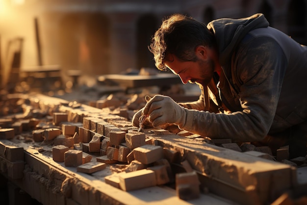 Mason Laying Bricks: Een metselaar legt nauwkeurig bakstenen om een stevige structuur te bouwen op een zonnige bouwplaats.