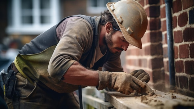 Foto mason past mortel handen en trowel gemarkeerd door handel