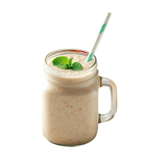 Mason pot van Oatmeal smoothie geïsoleerd op witte achtergrond Clipping pad inbegrepen