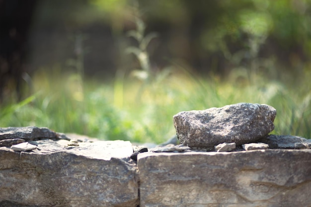 Masonry walls of natural sand color with green natural vegetation in the background in defocus Stone texture closeup foreground ecology ecofriendly theme