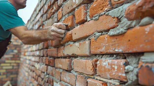 レンガの壁を建てる石匠 伝統的な工芸技術