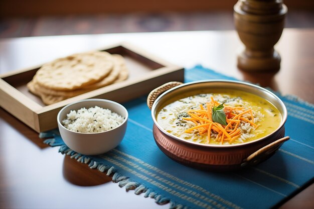 Photo masoor dal framed by indian breads and rice