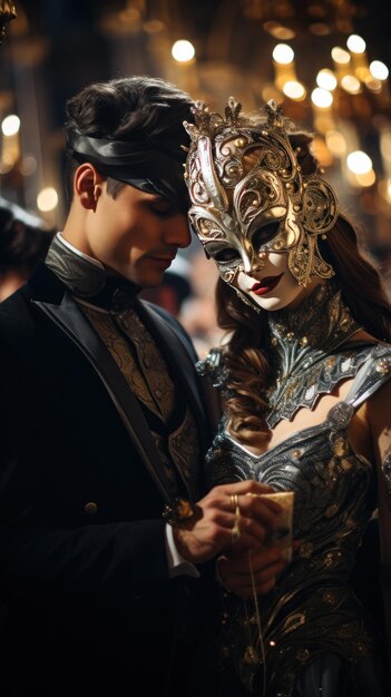 写真 ヴェネツィアのカーニバルでの仮面舞踏会装飾された仮面と衣装