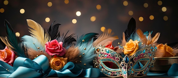 Masquerade Ball Elegance Vintage Golden Candles and Vivid Feather Masks Amidst a Floral Cascade