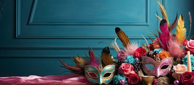 Masquerade Ball Elegance Vintage Golden Candles and Vivid Feather Masks Amidst a Floral Cascade