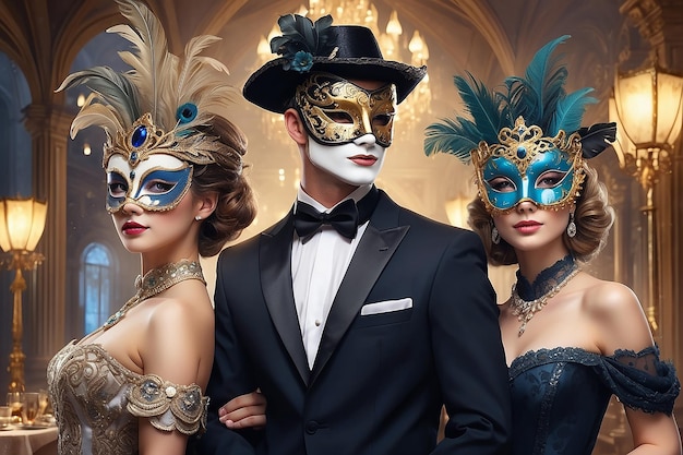 Masquerade Elegance New Years Ball with Masks and Costumes