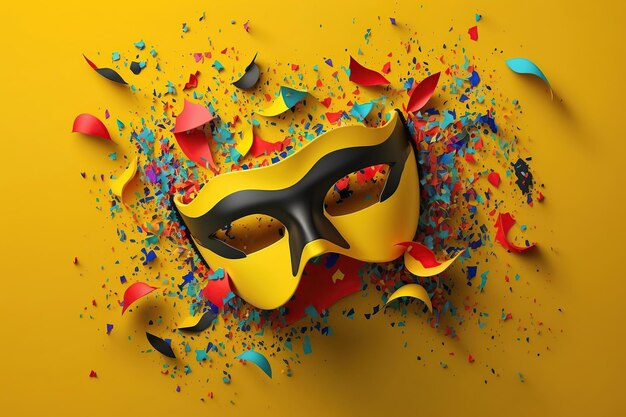 Masquerade golden carnival mask with confetti splash