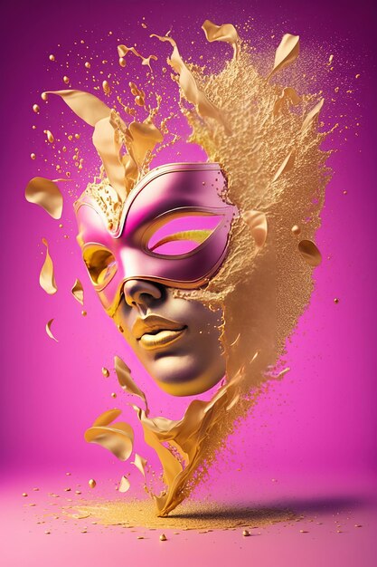 Masquerade golden and magenta carnival mask with sparks splash