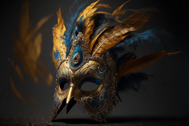 A masquerade mask with feathers on a black background, Generative Ai