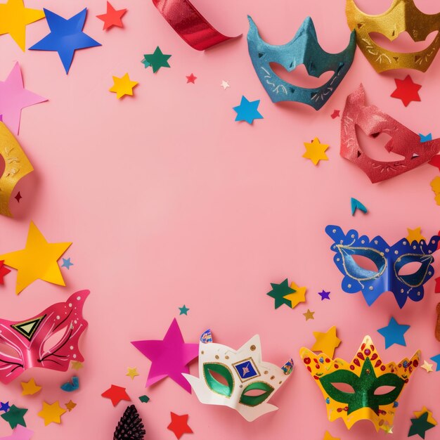 Masquerade masks with stars and confetti on pink