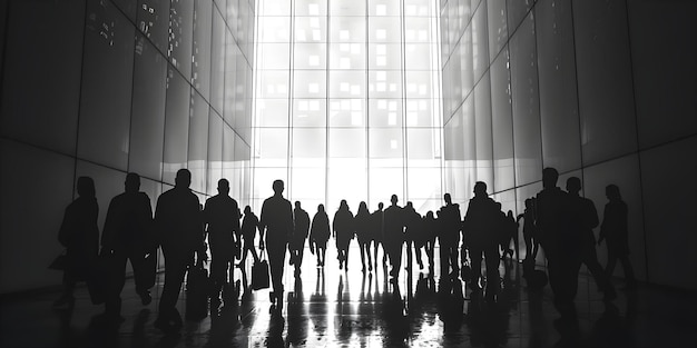 Photo mass layoffs in the tech industry silhouetted crowd leaving office building concept employment crisis tech layoffs corporate downsizing job losses economic impact