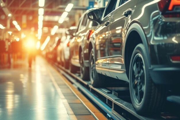 Mass production assembly line of modern cars in a busy factory