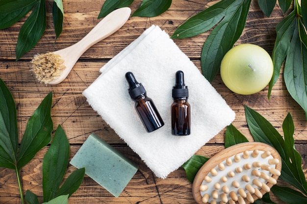 massage brush, cosmetic oil, and soap