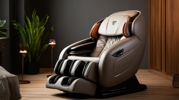 A massage chair rests peacefully on a wooden floor