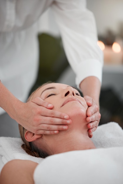 massage hands and mature woman in spa for wellness relaxation and health for customer service beauty salon female person or client with masseuse for wellbeing self care and pamper treatment