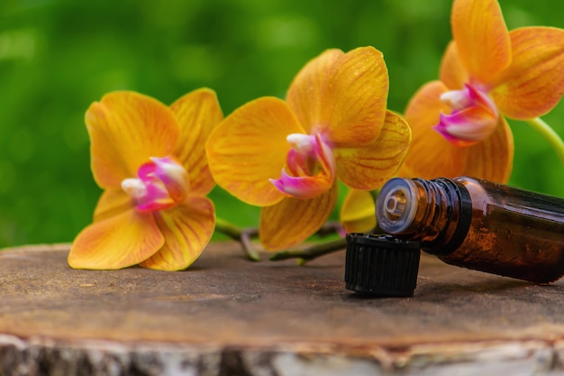 Massage oil and stones with yellow orchid