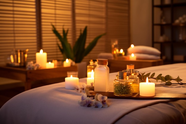 Massage room massage table towel and aromatic candles essential oils Spa procedures AI Generate