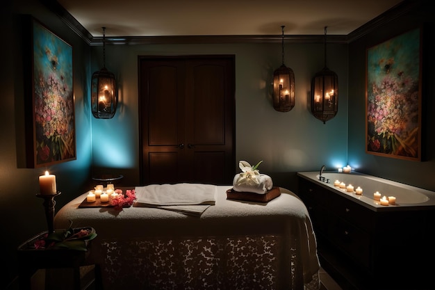A massage room with candles and candles on the walls